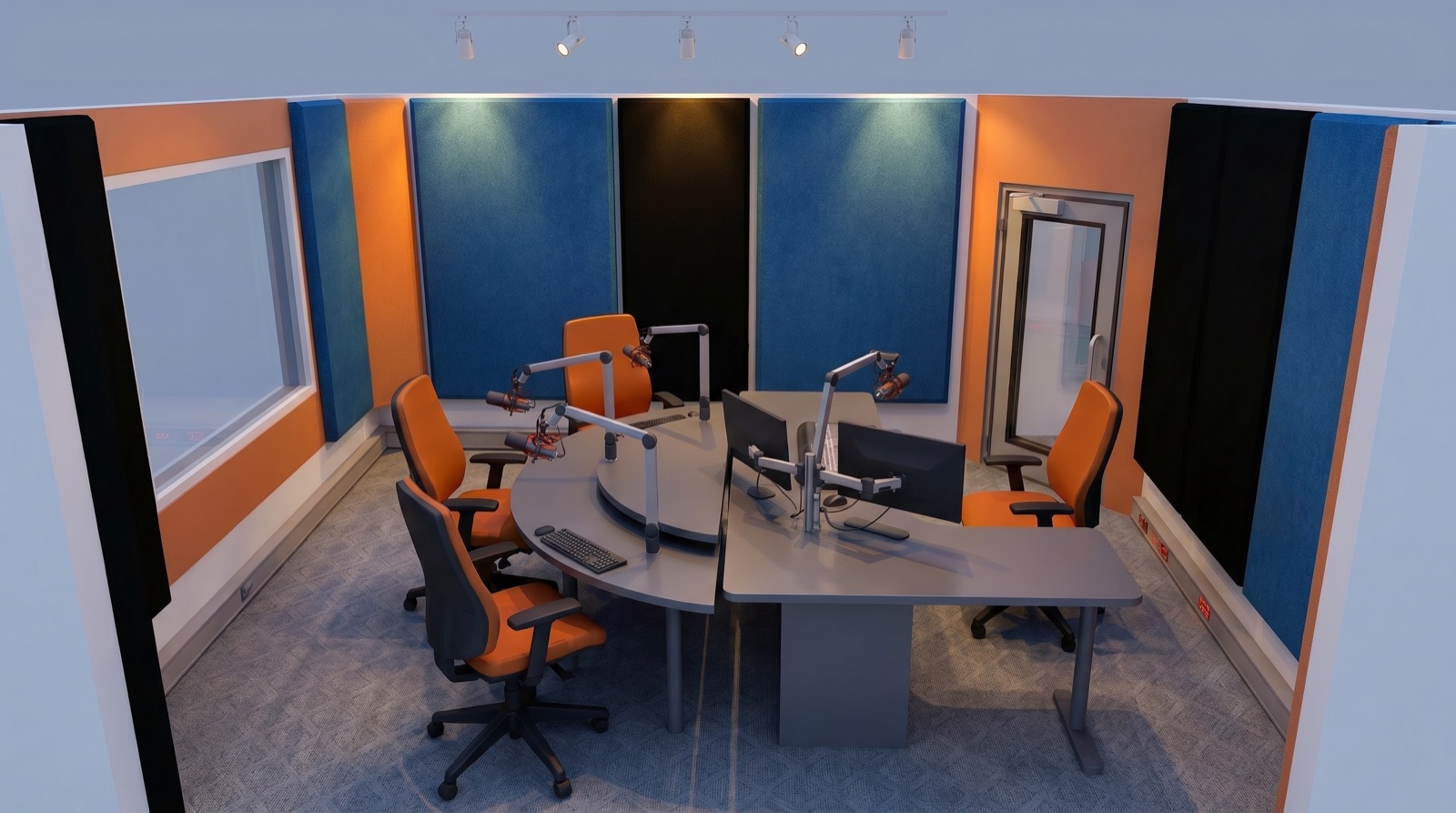 Radio studio fit-out with acoustic treatment and presenter desks